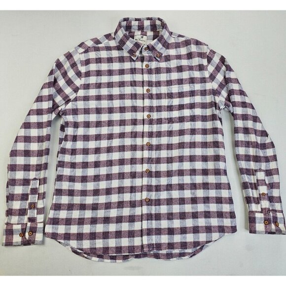 Ben Sherman Size Medium Mens White Burgundy Black Flannel Button Down Logo Shirt - Picture 1 of 12
